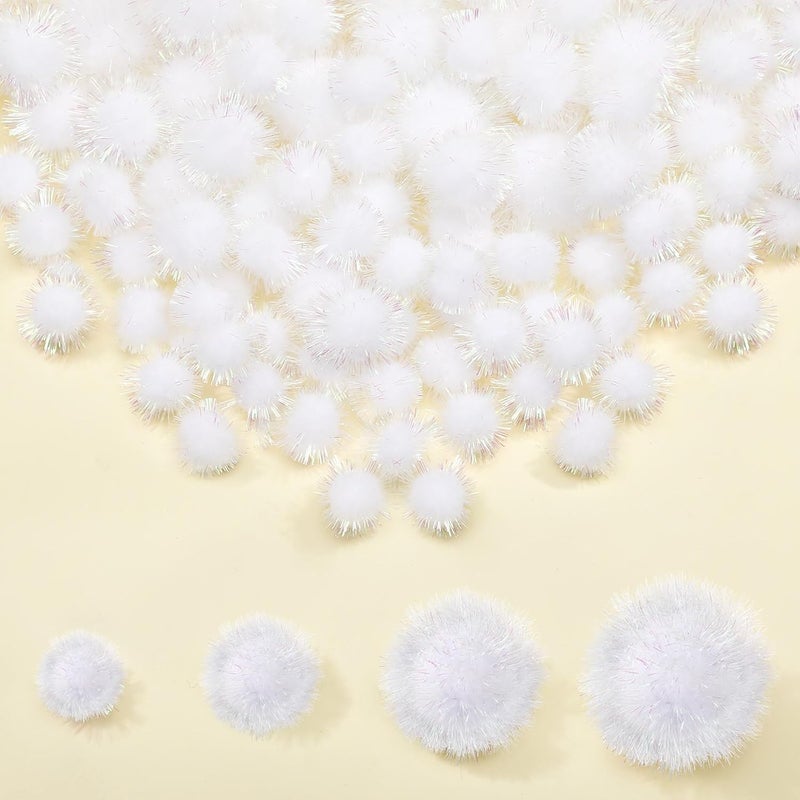 Knitgrip 150 Pcs Large Glitter Tinsel Pom Poms 2.5" 2" 1.4" 1" Christmas Pompom Balls Jumbo Glitter Balls for DIY Craft Making Christmas Decorations(White) - Image 1
